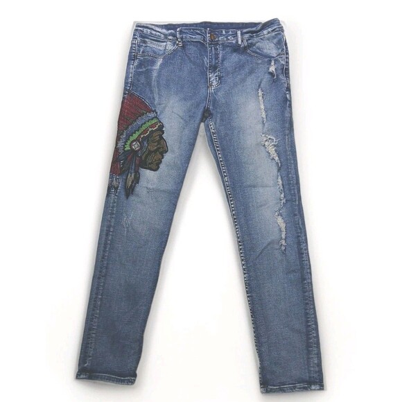 Men's Distressed Jeans with Native American Chief Head Embroidery 36 StreetWear - Picture 1 of 14
